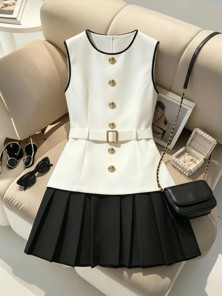 Mini Dress Round Neck Sleeveless Single Breasted Self Belt Pleated Hem Contrast Trim Outfit For Women Office Interview Dating Chic Stylish Wear