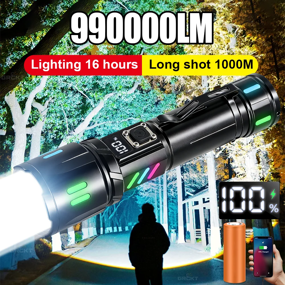 990000LM White Laser Flashlights High Power USB Rechargeable LED Flashlight Power Bank Tactical Flashlight Torch Camping Fishing
