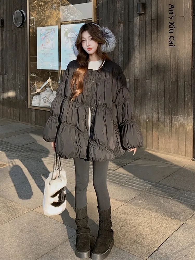 

Женская зимняя куртка свободного кроя средней длины с рукавами-фонариками, теплая, повседневная, с наполнителем из 90% белого утиного пуха, утолщенная