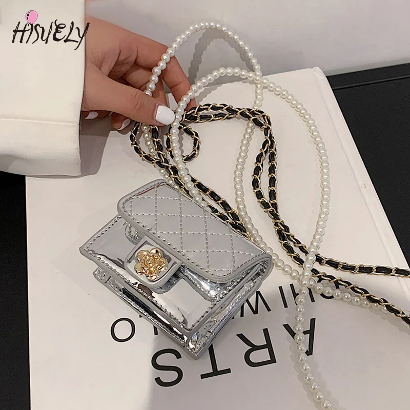 2024 Luxury Mini Leather Bag Women Hanging Neck Camellia Bags Rhombus Earphone/Lipstick/Keys bag Pearls Chain Chest Waist Pack