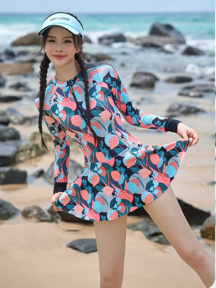 

Rash Guard for Women, One Piece Modest Swimsuits Long Sleeve Bathing Suits Swimdress Skirt Front Zip Sun UV Protect Sunsuit