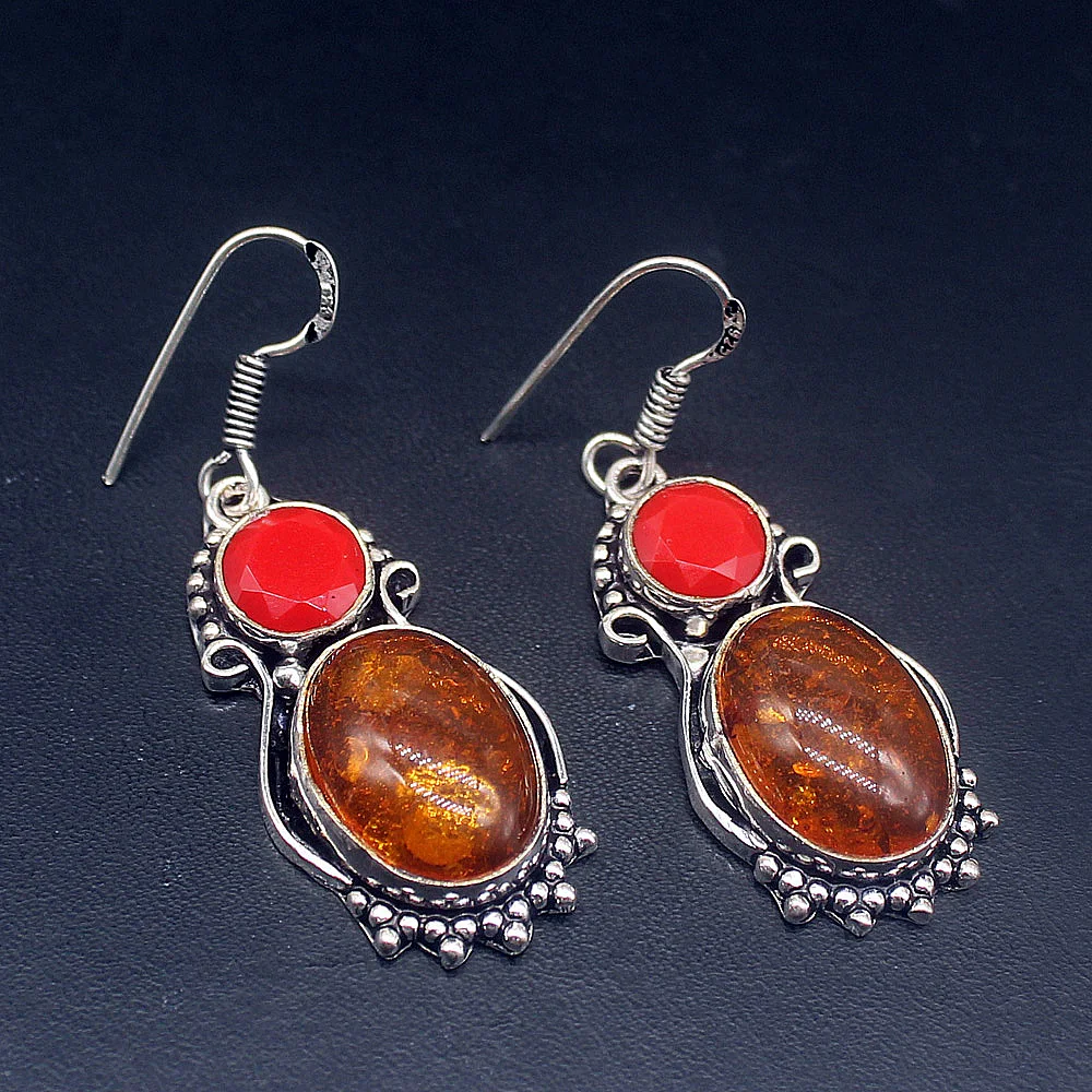 

Gemstonefactory Big Promotion Unique 925 Silver Antique Amber Coral Women Ladies Jewelry Gifts Dangle Drop Earrings 20215292