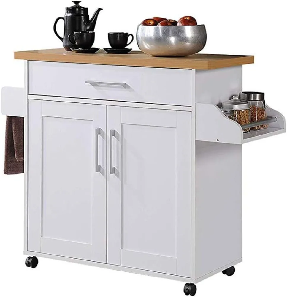 Hodedah Kitchen Island com Spice Rack, Toalheiros e gaveta, Branco com Faia Top, 15,5x35,5x39,9x35,2 polegadas