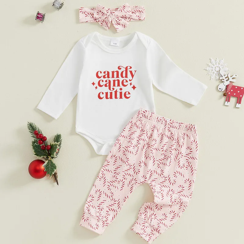 

0 to 18 Months Christmas Baby Girls Pant Sets Letters Bodysuit with Candy Cane Pants and Headband Baby Clothing