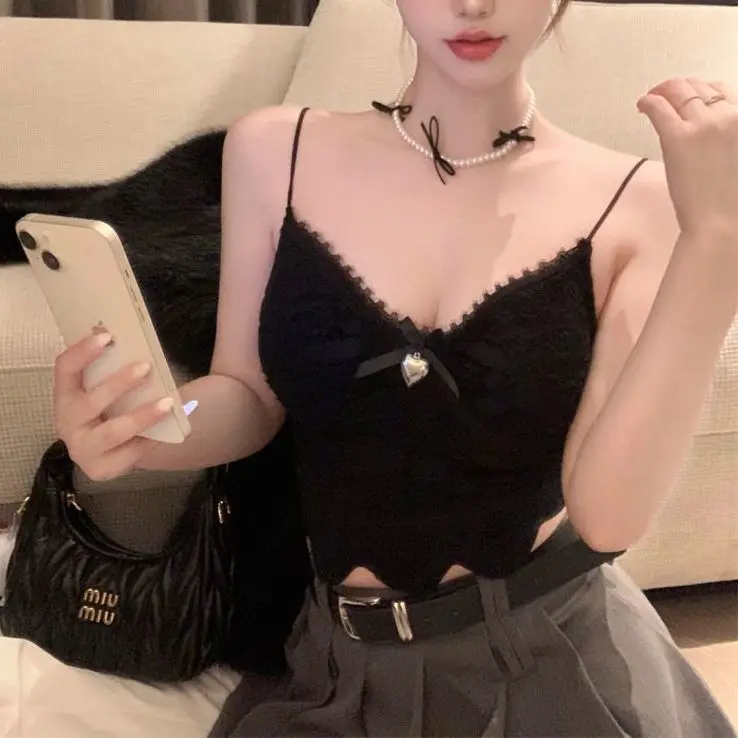 Tanks Camis Womens Cool Bowknot Strapเสื้อกั๊กRuffled Slim Fit Crop TopสําหรับStreetwearดูY2Kฤดูร้อนสบายๆเกาหลี