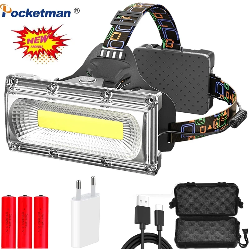 Powerful Wide Beam COB LED Headlamp 18650 Rechargeable Headlight Waterproof Head Lamp Head Lantern High Lumen Head Flashlight