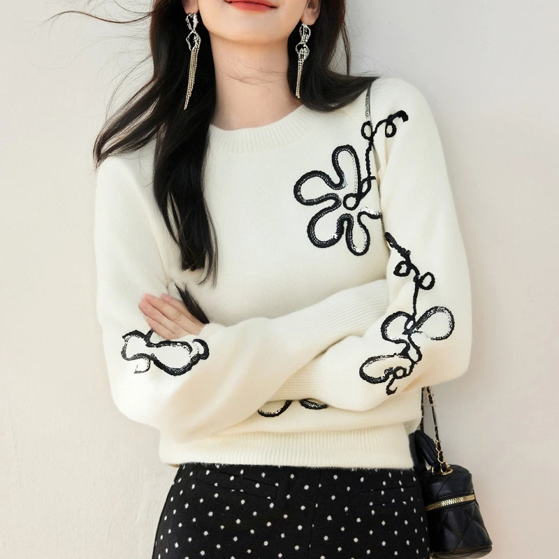 

Women Long Sleeve Flower Jacquard Knitted Sweaters Women 2025 Autumn Winter O Neck Casual Pullover Knitwears Tops Ladies Jumpers