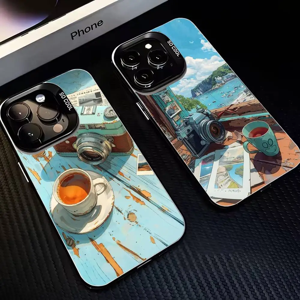 

Camera with coffee Phone Case For iPhone17,16,15,14,13,12,11 Plus,Pro Max Black Matte Shockproof Cover