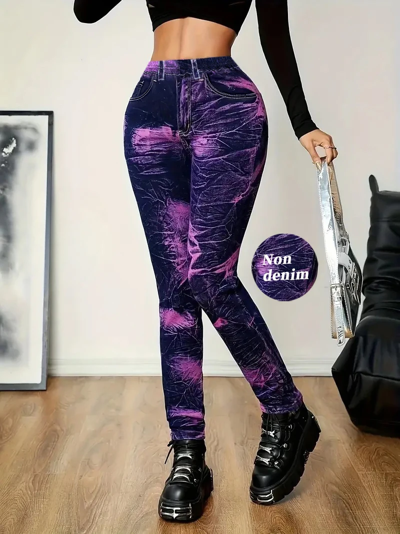 Women's Spring and Autumn Faux Denim Printed Elegant Leggings