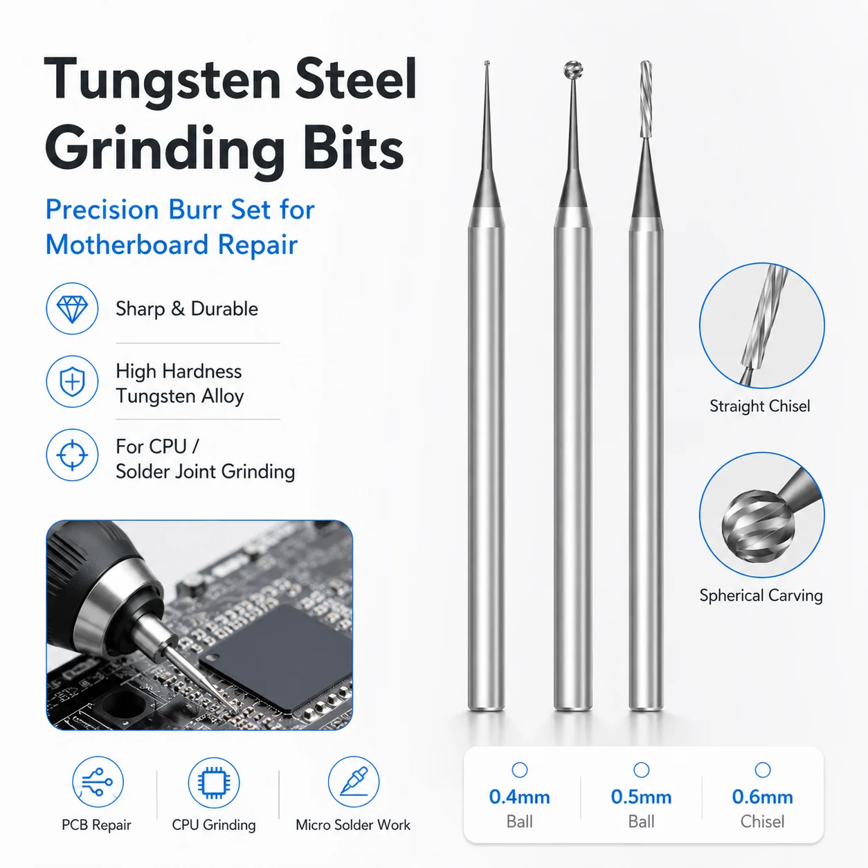 MaAnt 0.4-0.6mm Tungsten Steel Polishing Head, High Hardness Grinding Tip for Android iPhone Motherboard CPU Solder Joint Repair
