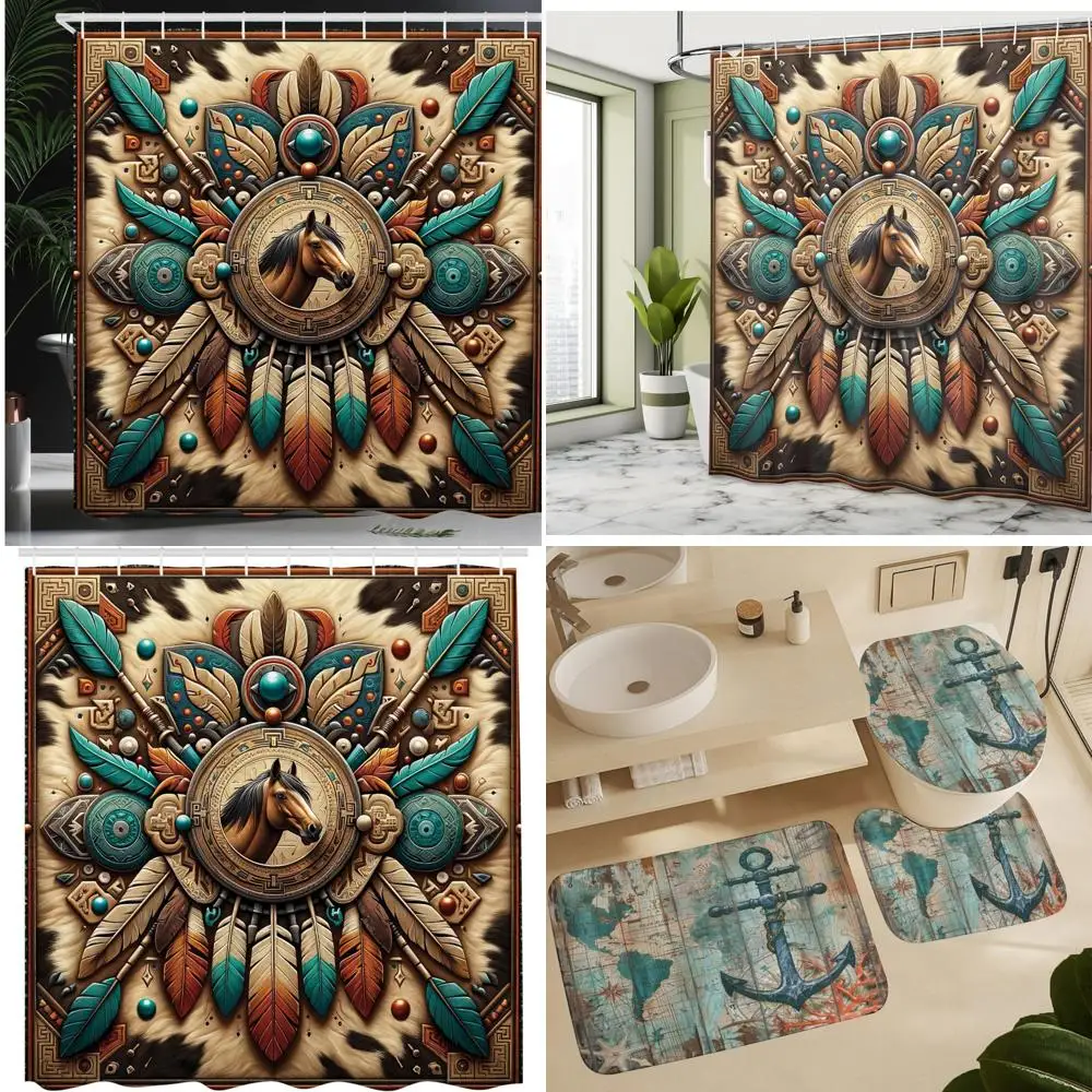 

Занавеска для душа в юго-западном стиле с лошадью и перьями: декор для ванной комнаты со съемкой земли, стрелами и тканью.