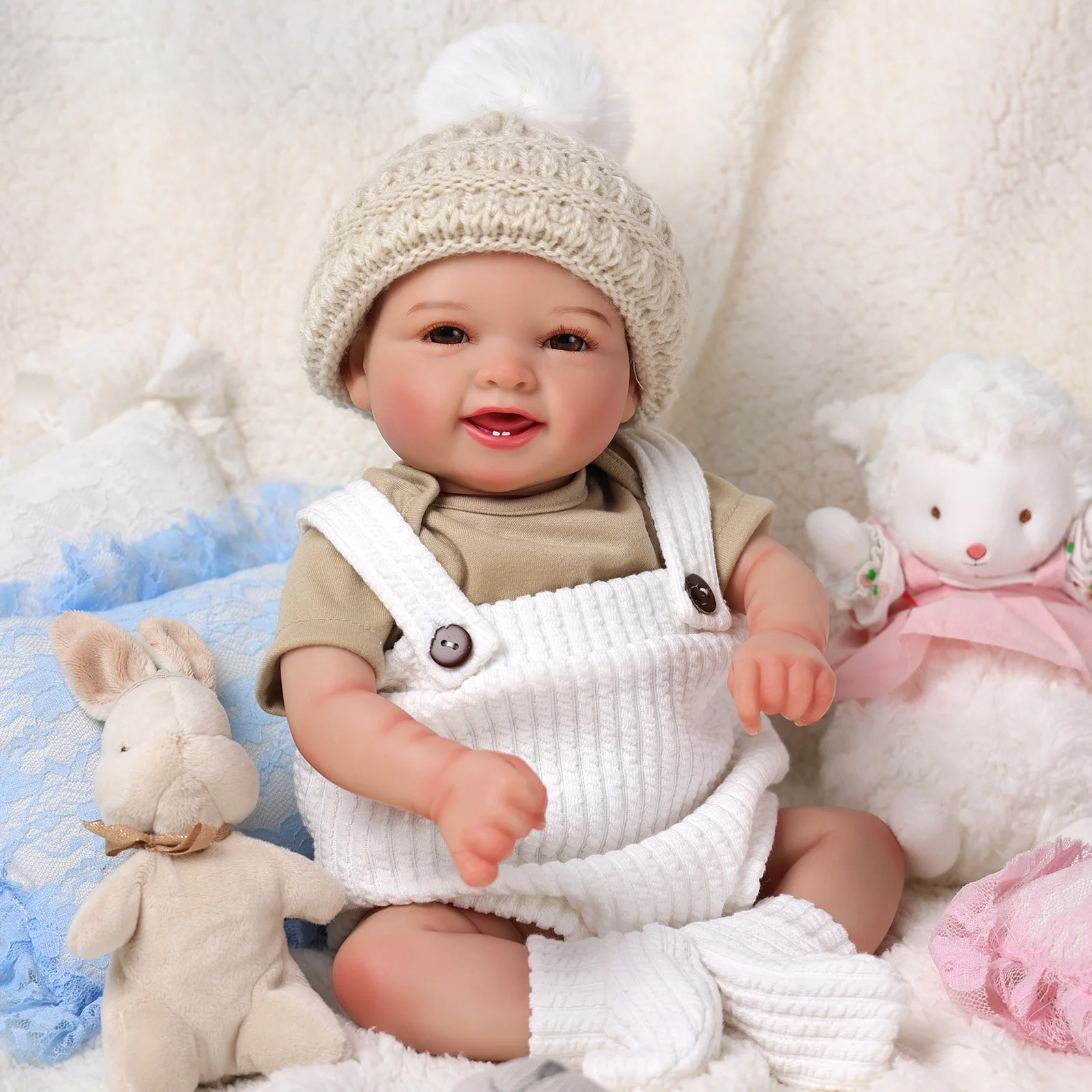 Mia 17" Awake Brown Eyes Lovely Fluffy Hat Smiling Reborn Baby Girl Fashion Doll DIY Model Toy Mini Soft Toy