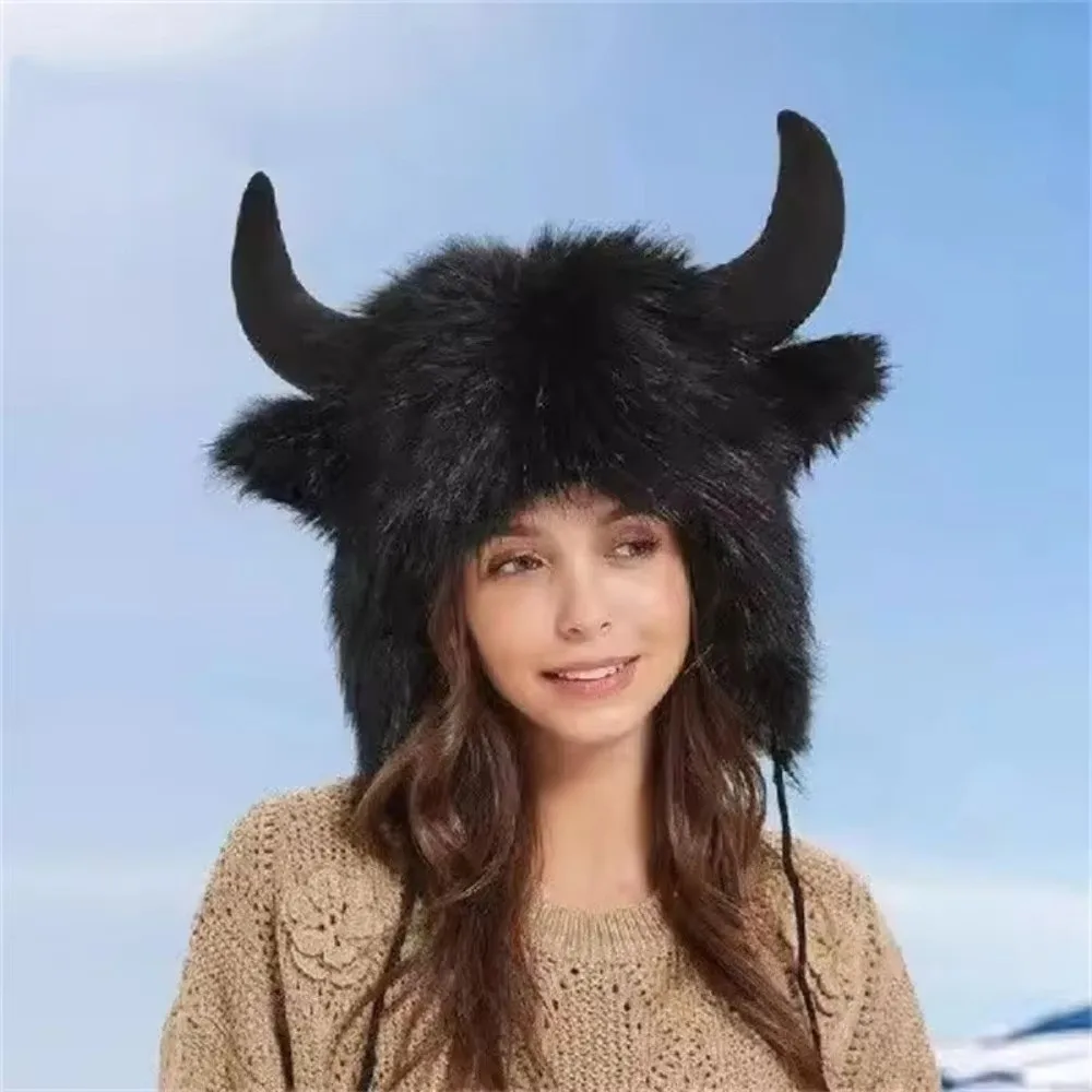 Furry Solid Color Ox Horn Hat Fur Trim Thickened Lei Feng Cap Thermal Fluffy Winter Pullover Cap Riding 3