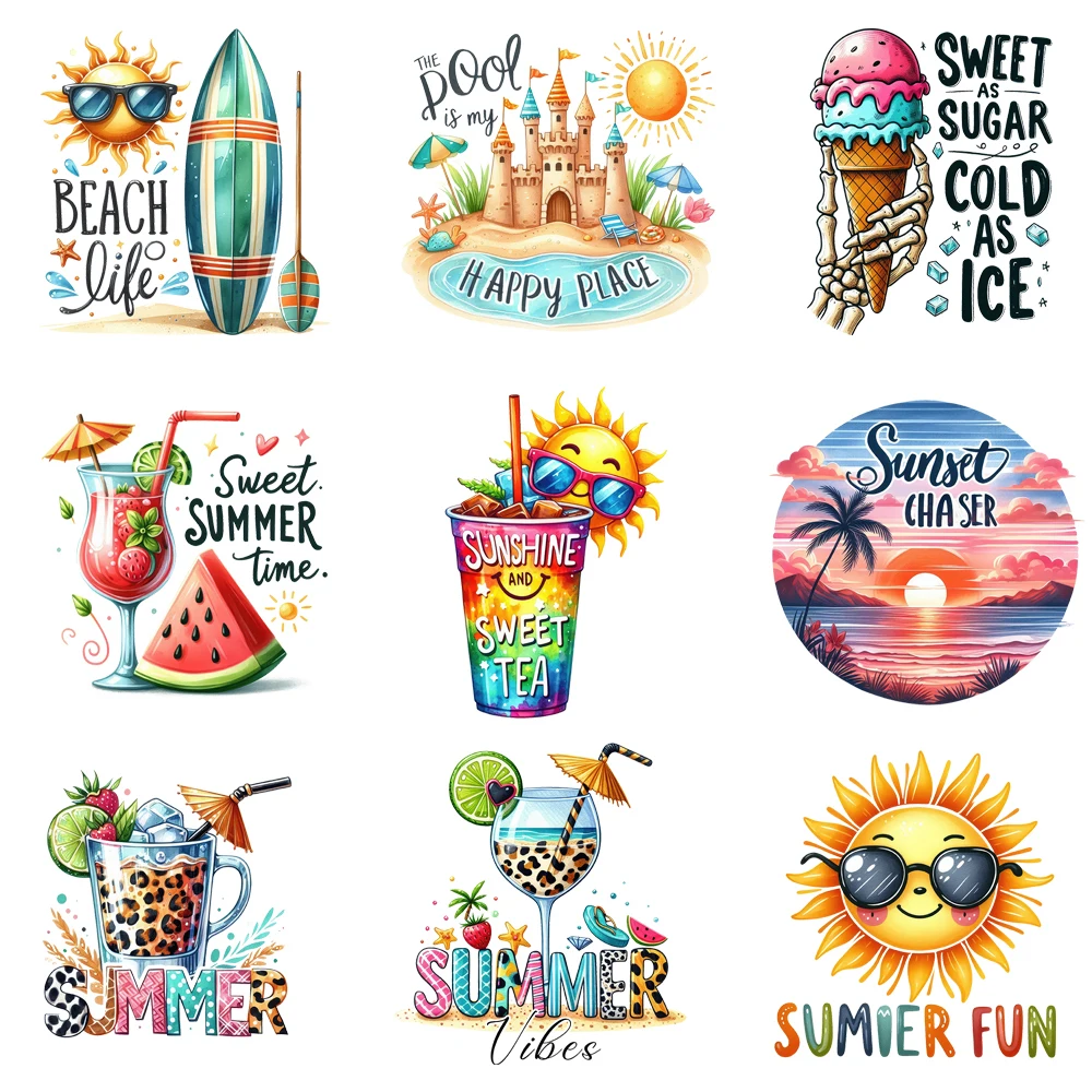 

15 см детский мультяшный летний дизайн, солнечный пляж, термопереносная наклейка, DTF, термопереносные нашивки для детской одежды