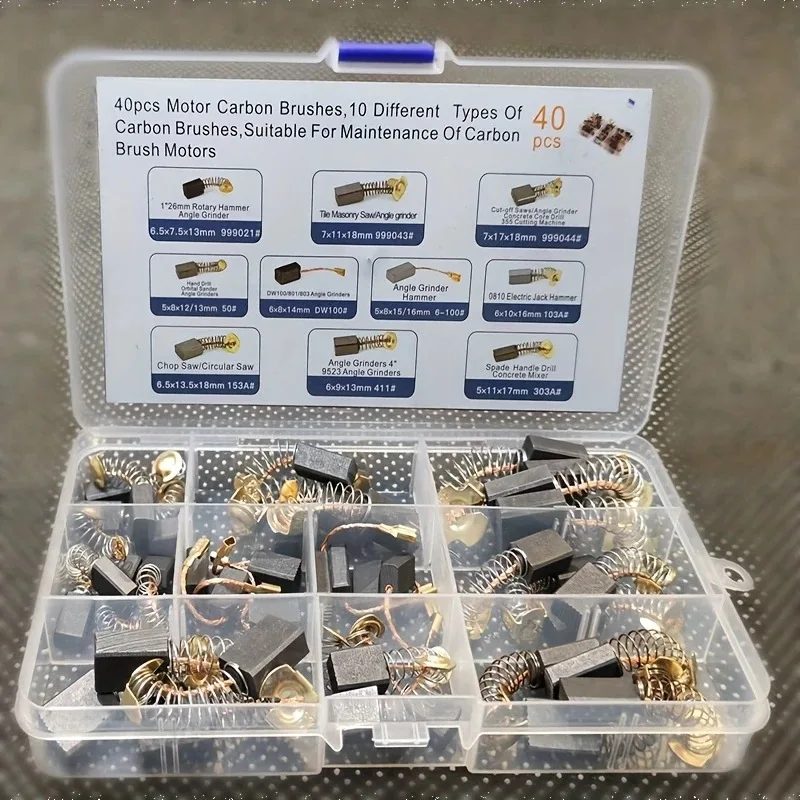 40Pcs Universal Motor Carbon Brushes 10 Different Types for Trimmer Angle Grinder Hammer Motor