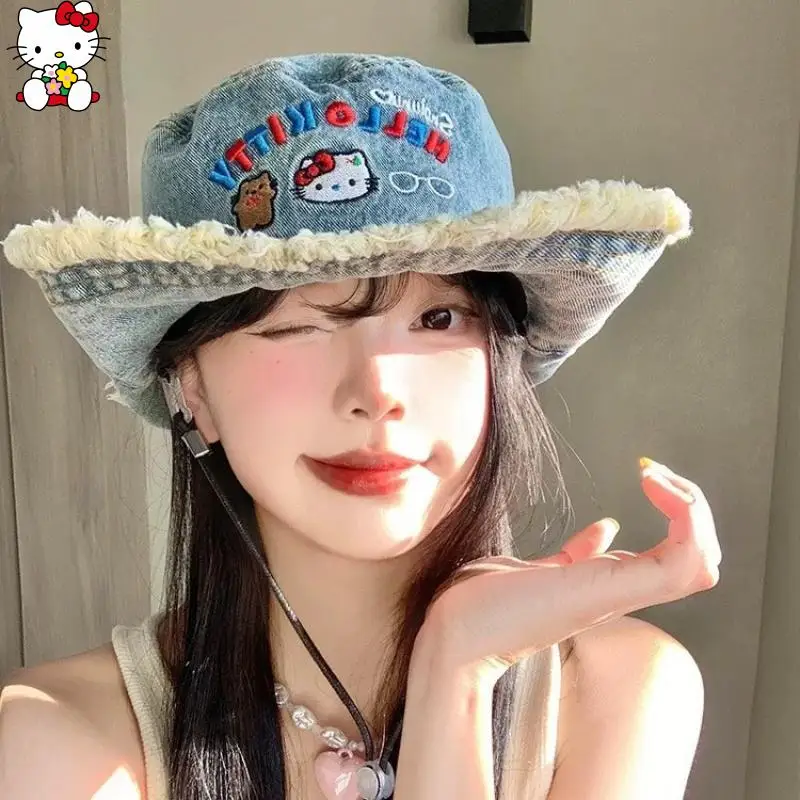 

Sanrios Hello Kittys Cowboy Fisherman Hat New Pattern Cute Embroidery Big Brimmed Hat Sunshade Hat Fashion Festival Gift