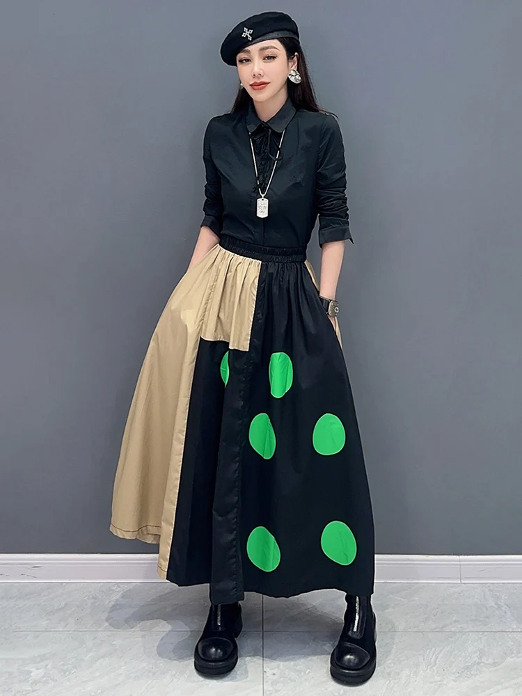 SHENGPALAE Dot Printed Skirt For Women Patchwork Contrast Color Elegance Chic Elastic Waist A-line Skirts Spring 2024 New 5R9474