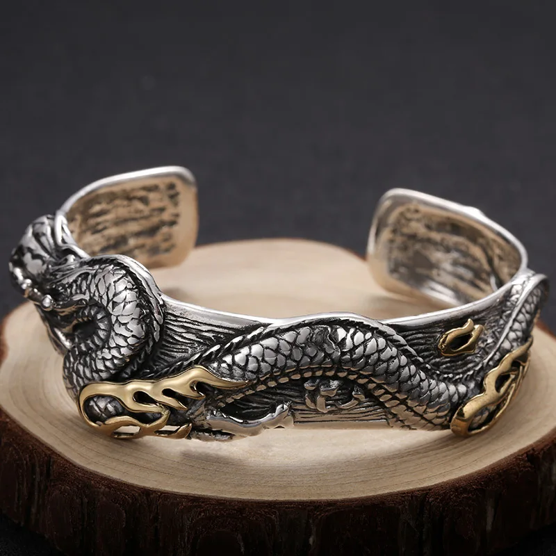 S925 With And Pearl Motif, Unisex, Thai Silver Vintage Folk Style Open Bracelet