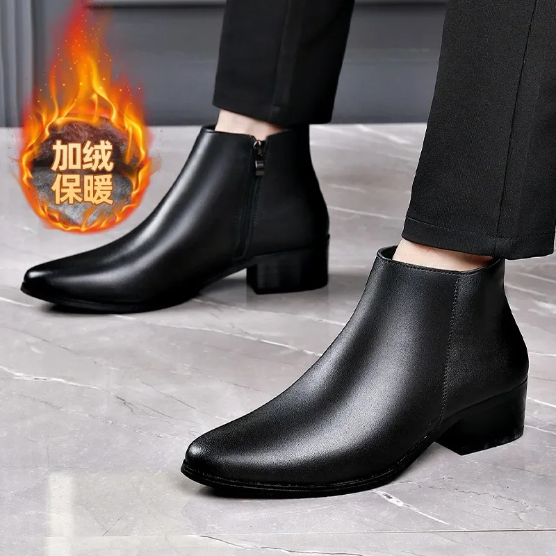 Fashion Retro Men's Ankle Boots British Business Leather Boots for Men New High Heels Pointed Toes and Fleece Chelsea Boots Male