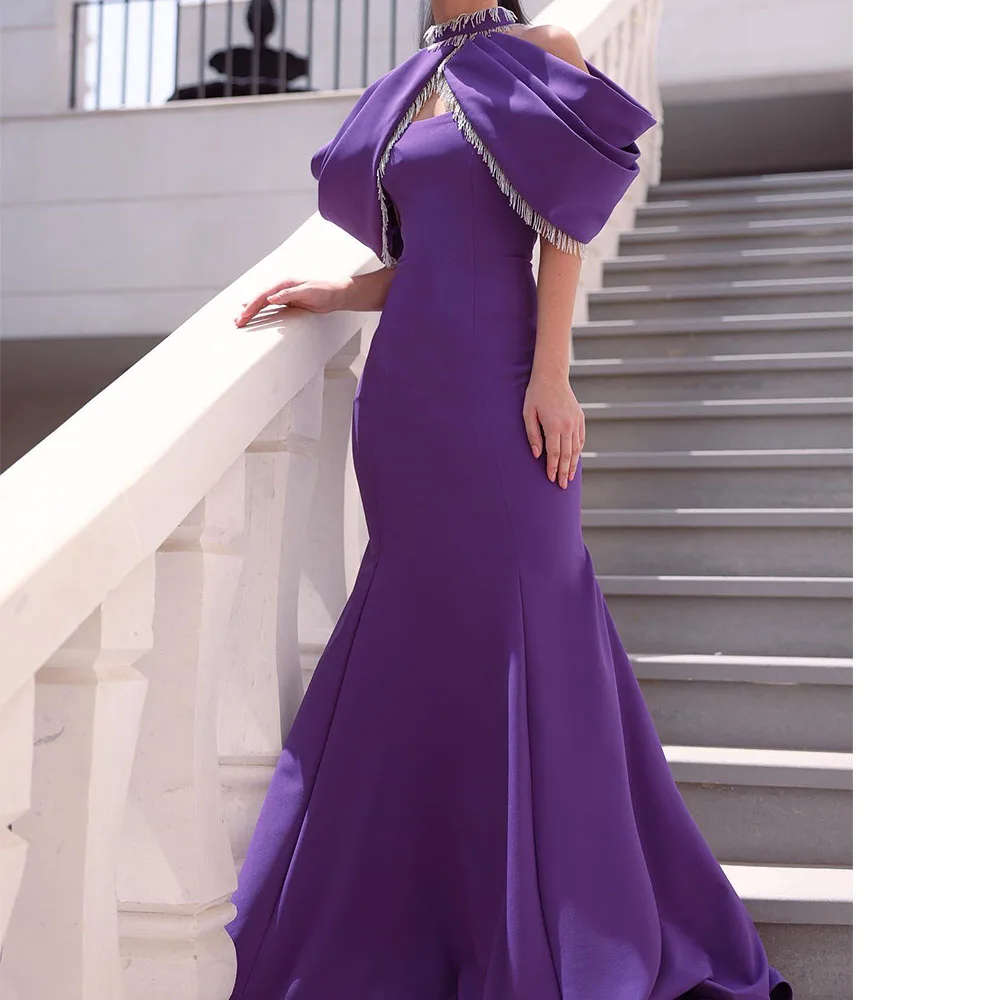 Customized Temperament Tassel Jersey Mermaid Off the Shoulder Evening Dress Modern O-neck Half Sleeves Bespoke Occasion Gowns