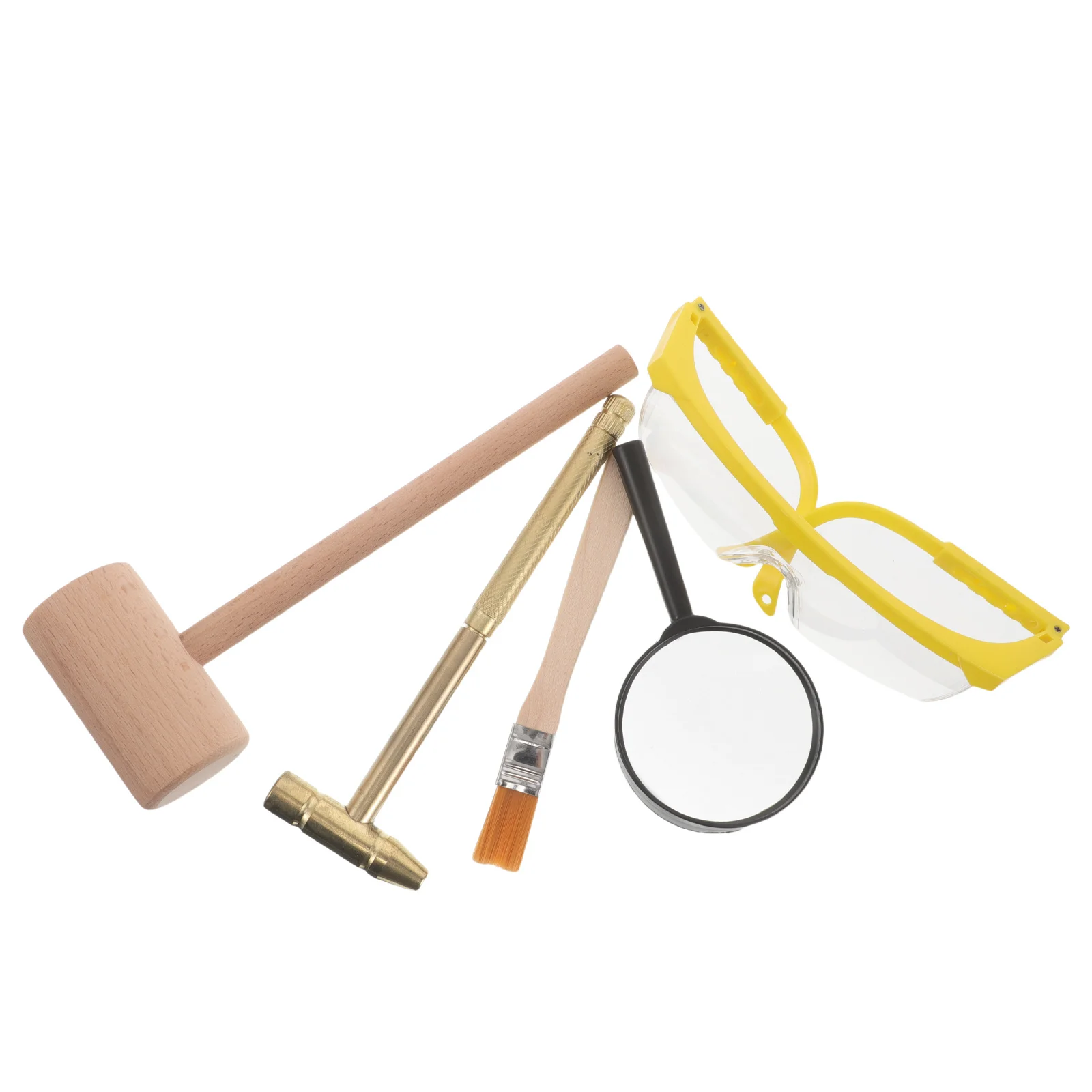

1Set Kids Archaeological Excavation Kit Wooden Hammer Metal Hammer Brush Protective Glasses Magnifying Glass Digging Role-Play