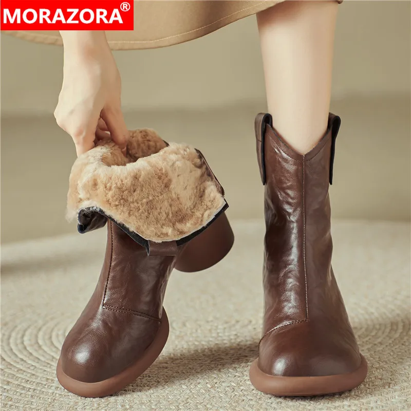 

MORAZORA 2024 New Genuine Leather Boots Women Zipper Round Toe Chunky High Heels Ankle Boots Wool Warm Winter Snow Boots