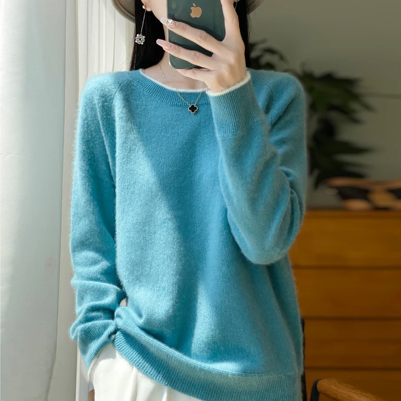 New 100% Pure Wool Sweater Autumn Winter Long Sleeved Knitted O Neck Color Blocked Top Loose Lazy Base Inner Layer Western Style