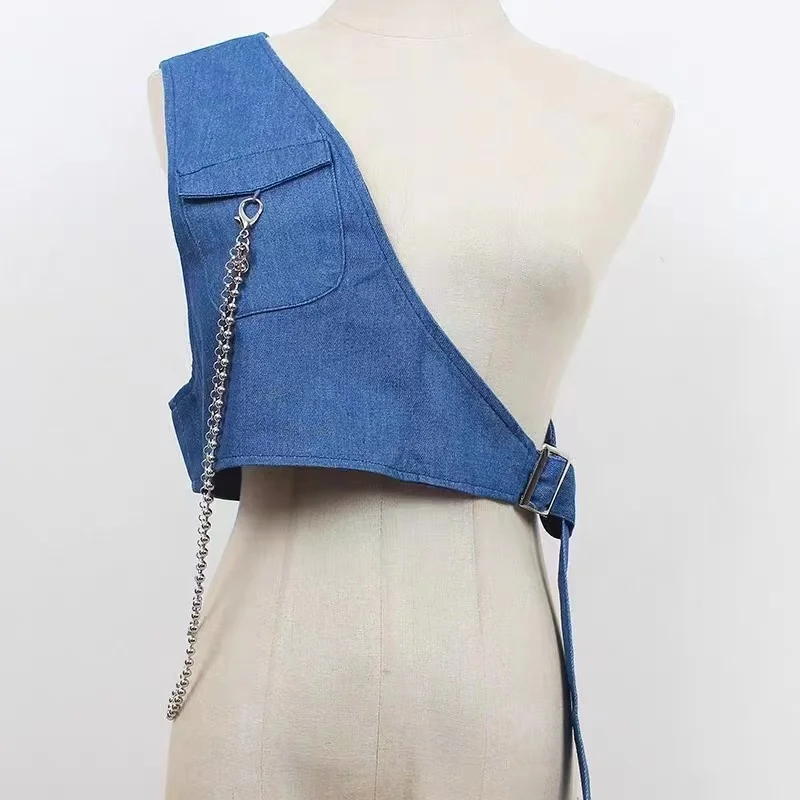 punk hip-hop cross-body street women waist  Klein blue denim bag asymmetric backless chain one-shoulder asymmetrical halter