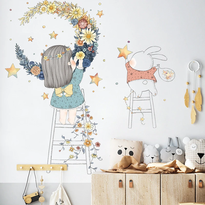 

Cartoon Stars Garland Sticker Home Living Room Decor Vinyl Wall Sticker Little Girl Moon DIY Kids Door Mural Wallpaper