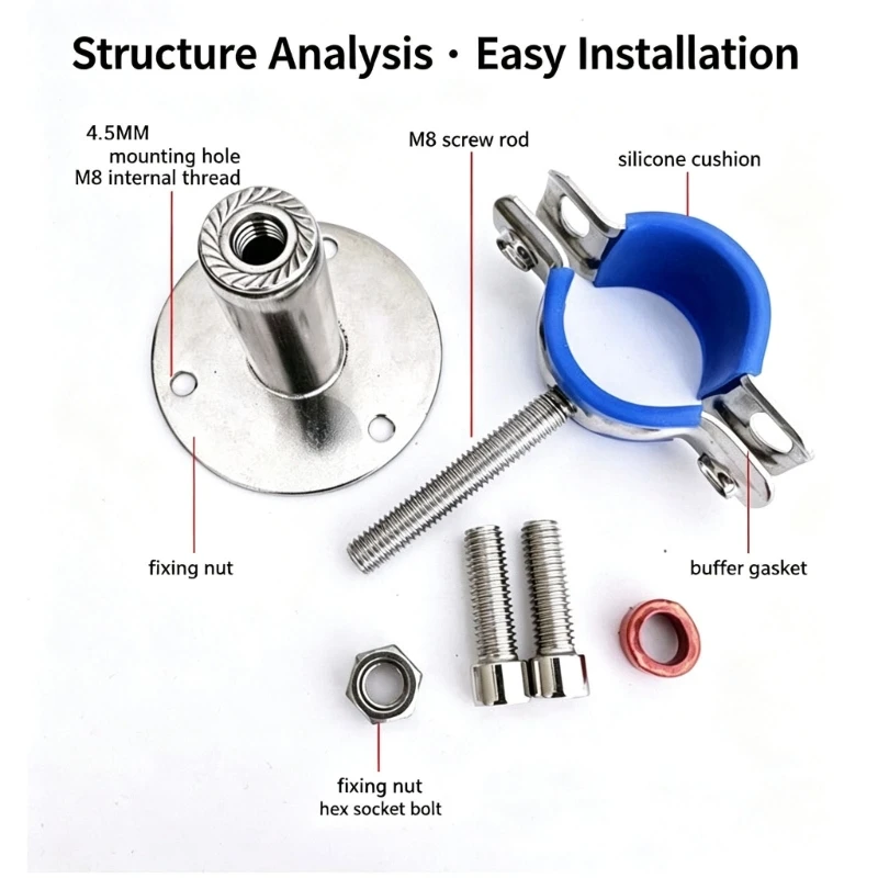 Round Base Pipe Support Bracket 4 Pack with Height Adjustment, Rubber Lined Grip and Stainless Hardware for Repairs M4YD