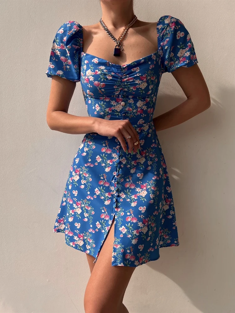 

Kozoca Summer Dress Fashion Puff Short Sleeve V-Neck High Waist Floral Casual Beach Skirt A-line Slim Fit Female Dress for Women