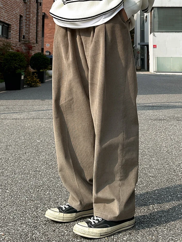 

SYUHGFA 2025 Autumn Winter Simple Men's Casual Pants Solid Color Japanese Style Elastic Waist Straight Wide Legs Trousers