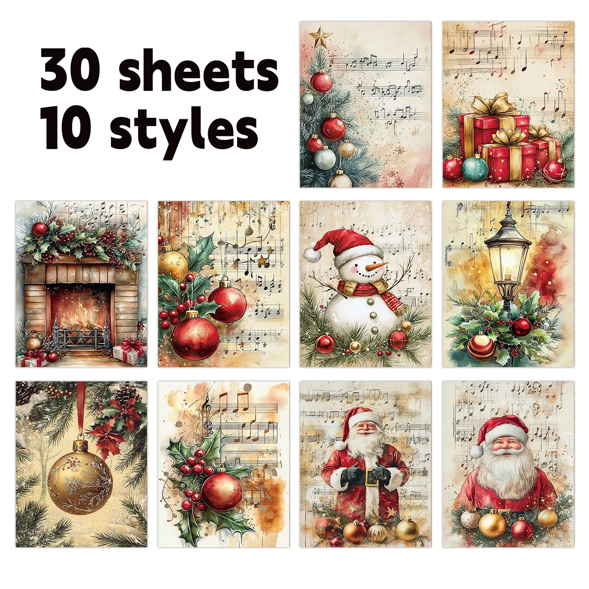 30pcs Christmas Decorative Paper-Vintage Holiday Design,Cardstock For Journaling Craft,Christmas Gift Packaging Background Paper