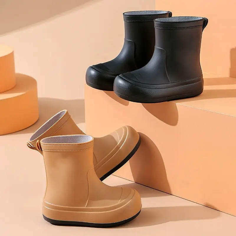 Children Cute Cartoon Rain Boots Solid Color Minimalist Non Slip Waterproof Outdoor Shoes Soft Sole Rubber Footwear New Arrival