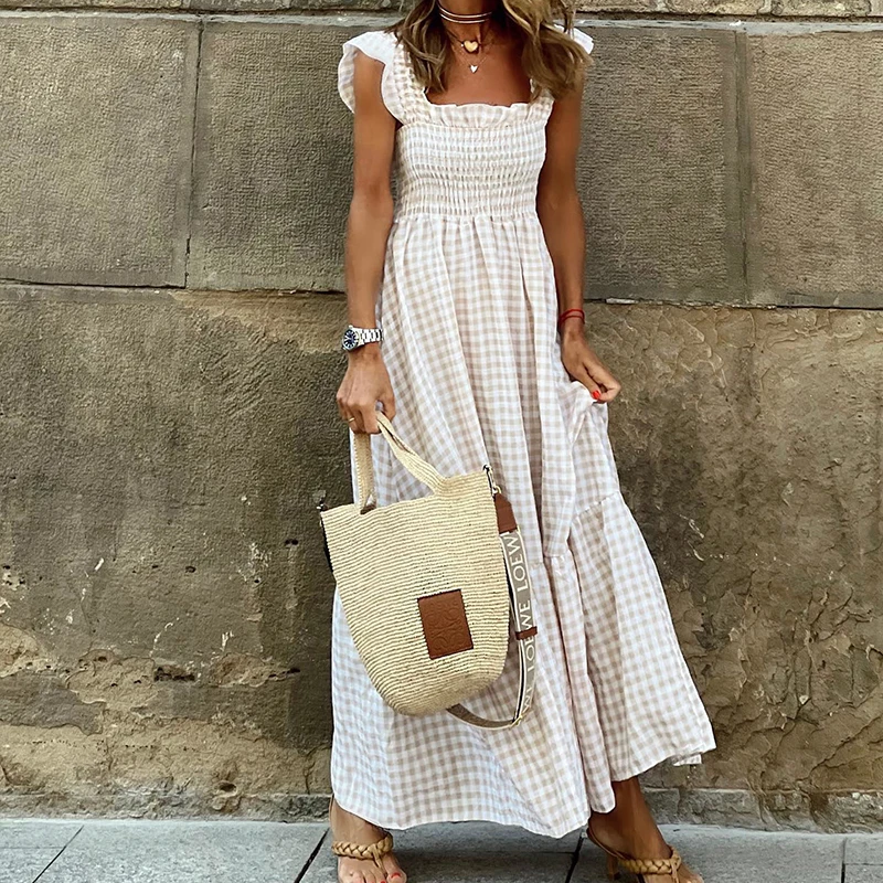 Elegant ผู้หญิงฤดูร้อนลายสก๊อต Maxi ยาวชุดวันหยุดสบายๆ Backless Beach Sundress จีบ Boho Party ชุดหลวม