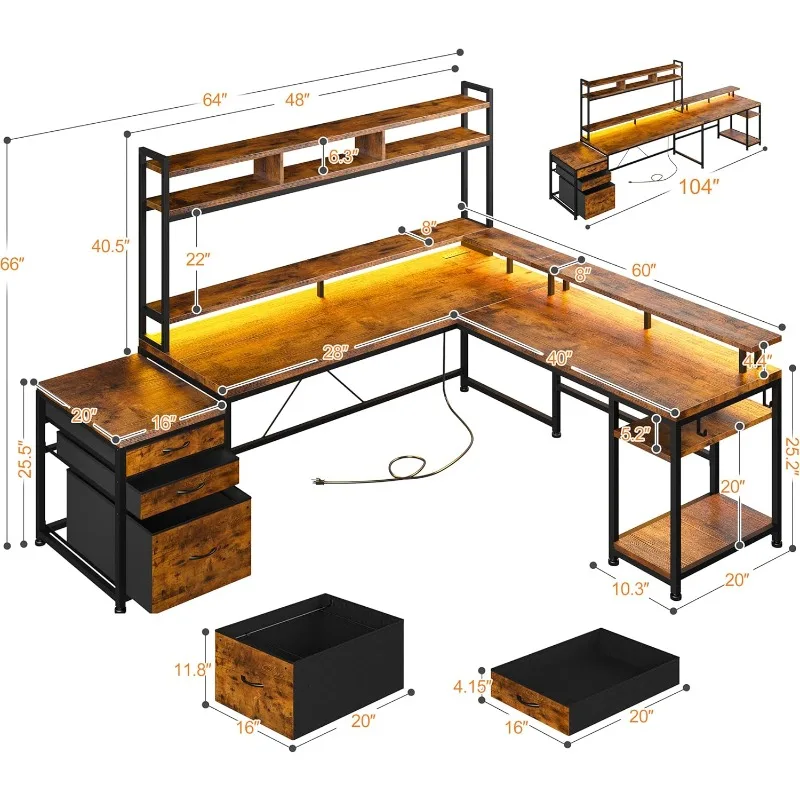 Mesa em forma de L de 64 x 60 polegadas com gaiola e gavetas, mesa de computador de canto reversível com prateleira para monitor, mesa para duas pessoas