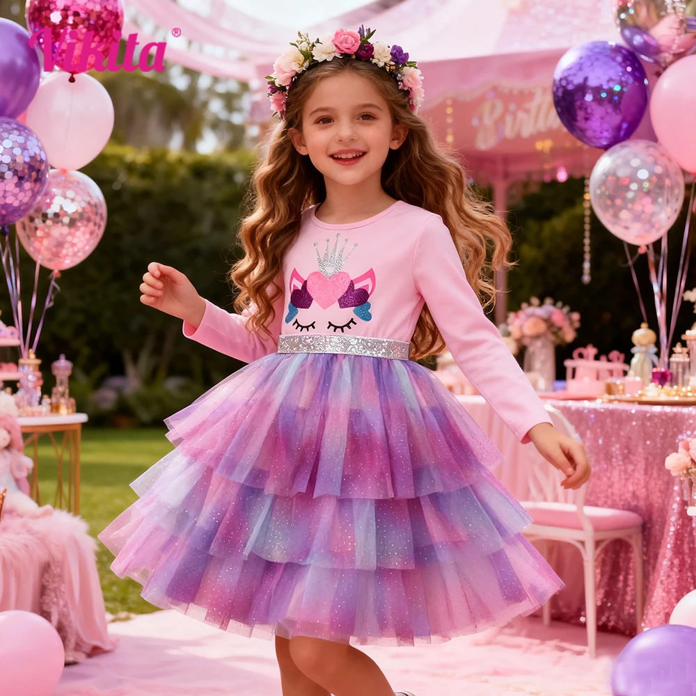 Girls Long Sleeve Pink Purple Unicorn Cartoon Dress Kids Gradient Layered Tulle Skirt Glitter Crown Princess Party Casual Dress