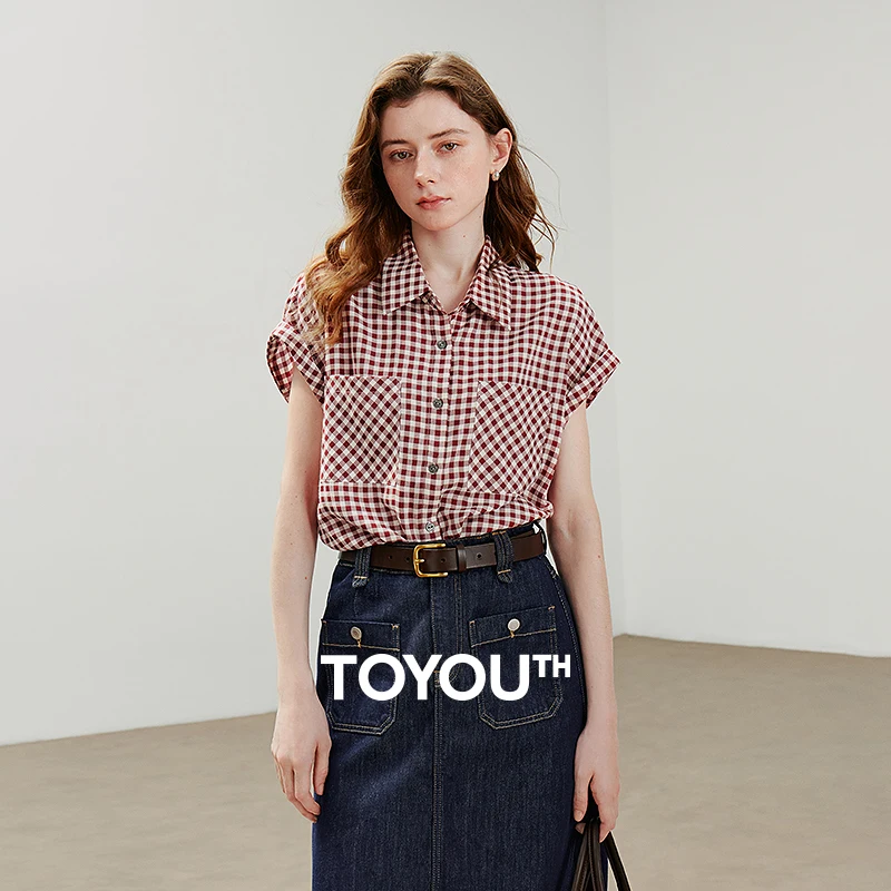 

TOYOUTH Women Blouse Shirt 2025 Summer New Retro Plaid Short Sleeve Casual Versatile Shirt 8522043
