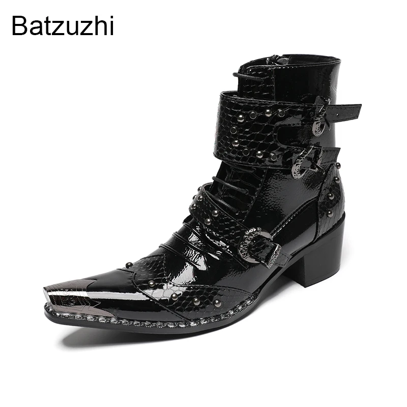 Batzuzhi Handmade Cool Genuine Leather Ankle Men's Boots Golden Iron Toe Punk Motorcycle Black Boots for Man! Big Sizes 38-46