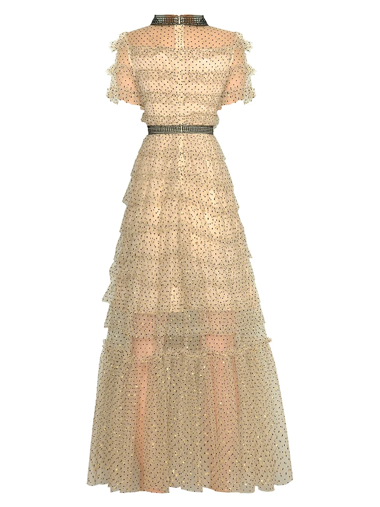 LGRQ Temperament Mesh Dot Tiered Sheer Vrouwelijke Luxe Feestjurk Korte Mouw Dames Avondjurk 2024 Zomer Nieuwe Tij 19ZZ1594