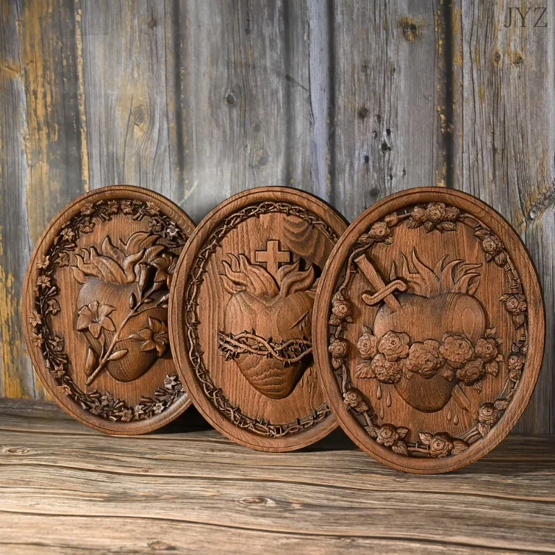 

Holy Family Three Hearts Wall Decor Wood Carving Sacred Heart of Jesus Heart of Joseph Wood Decor