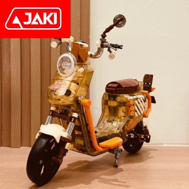 Bloques de construcción JAKI genuinos, modelos de motocicletas con luces, juguetes para bicicletas eléctricas, adornos de moda, regalos de Año Nuevo para niñas