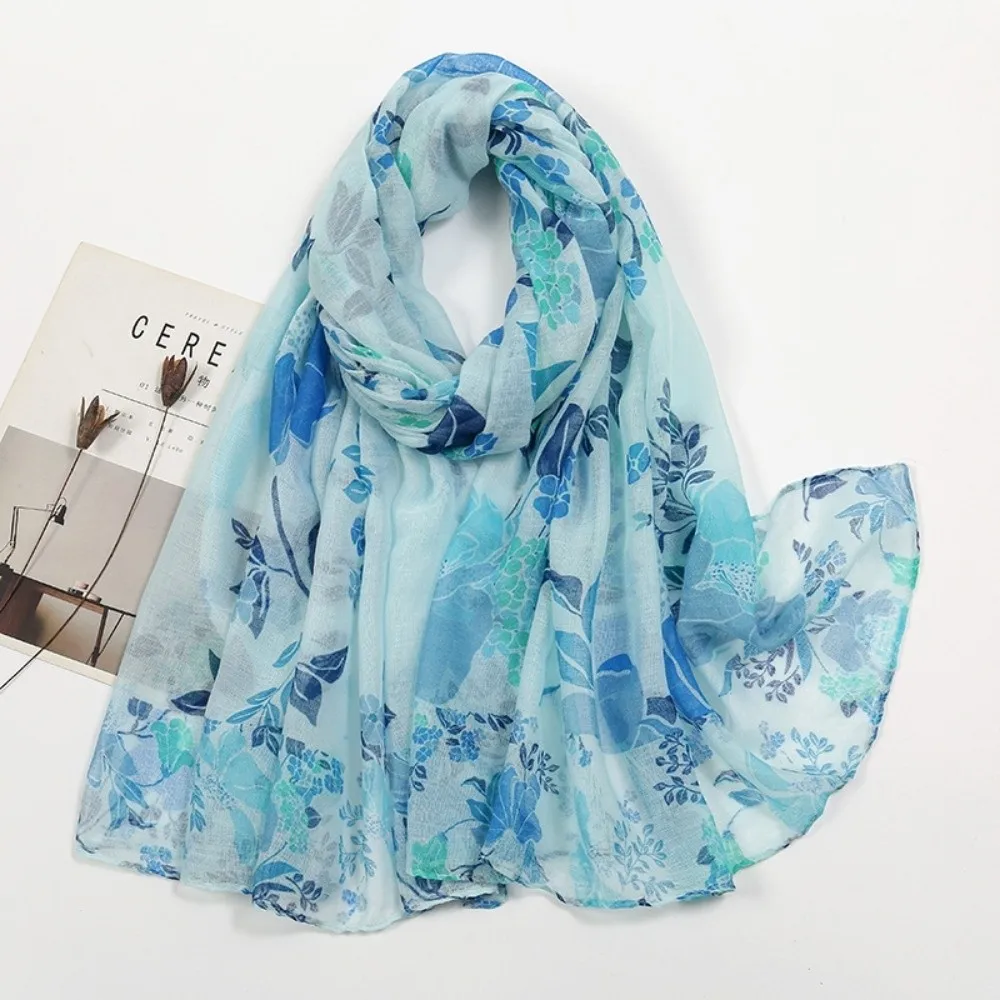 Soft Thin Voile Thin Scarf Sunscreen Floral Print Wrap Shawls Long Scarves Summer