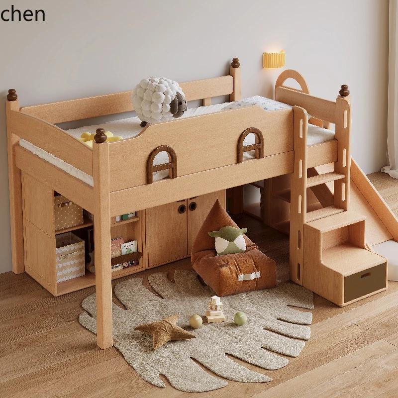 

QZT Solid Wood Loft Bed with Slide, Treehouse Bed with Underbed Wardrobe