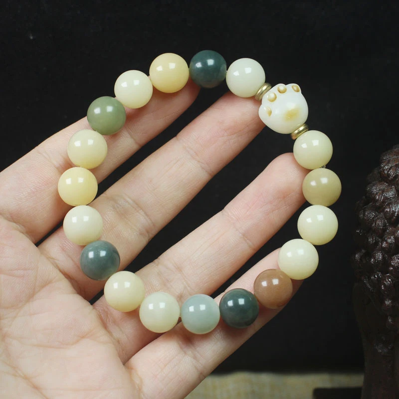 

White Jade Bodhi Root 10mm Multicolor Bracelet with Charcoal Burned Cat Claw Design, Unisex Decorative Jewelry Buddhist Beads