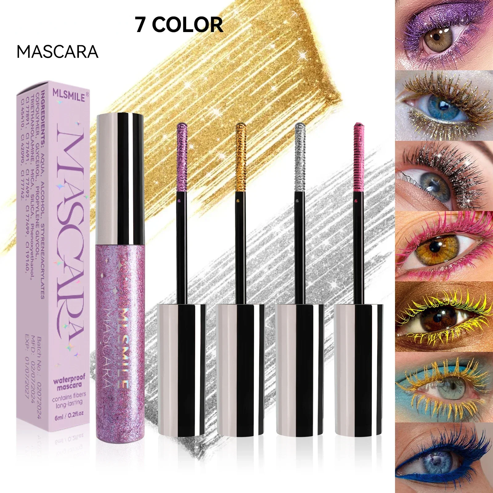 Colorful Glitter Mascara, Waterproof Long Lasting Thickening Lengthening Anti-Smudge Mascara, Tint Rich Color Sparkly Mascara