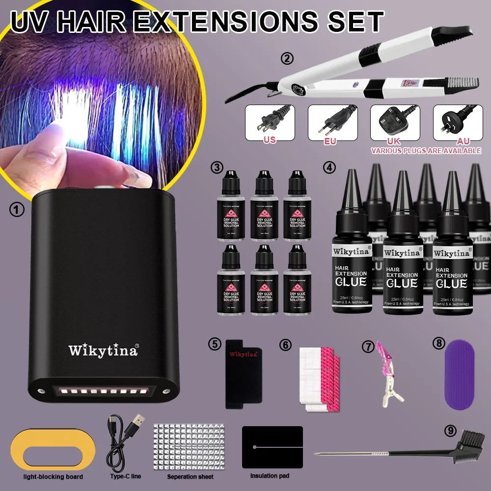 Complete Hair Extensions Kit Salon with V Light UV Glue Hair Extension Machine and Tools for Effortless Extensions