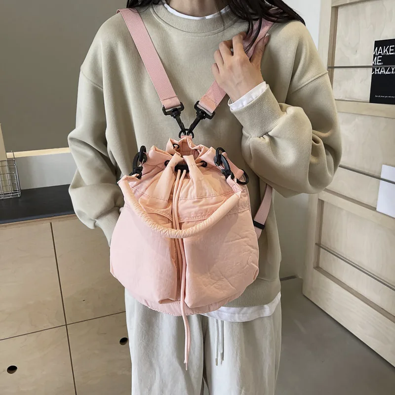 Casual Soft Puffer Bucket Bag Drawsting Padded Women Shoulder Bags Lightweight Nylon Handbags Simple Small Tote Shopper Purses