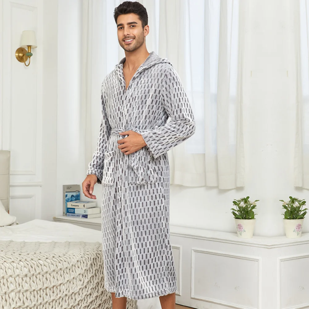 Bata de franela con capucha para hombre, Kimono largo, bata de baño, ropa de dormir gruesa de lana de Coral, ropa de salón suelta para el hogar, Otoño e Invierno