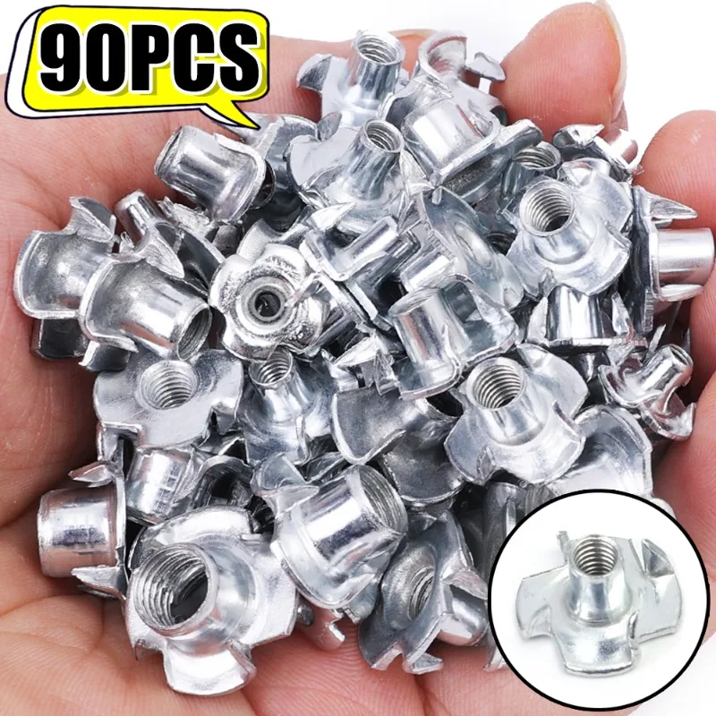 90pcs/box Galvanized Four-jaw Nuts Carbon Steel Four-Point Impact Nuts Speaker T-nut Blind Pronged Insert Tee Nut M3 M4 M5 M6 M8